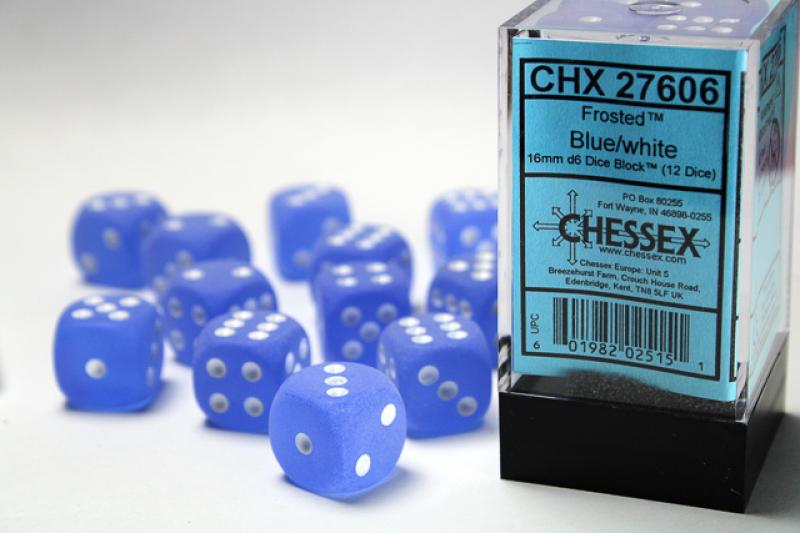 16mm D6 Dice Block (12): Frosted Blue/White