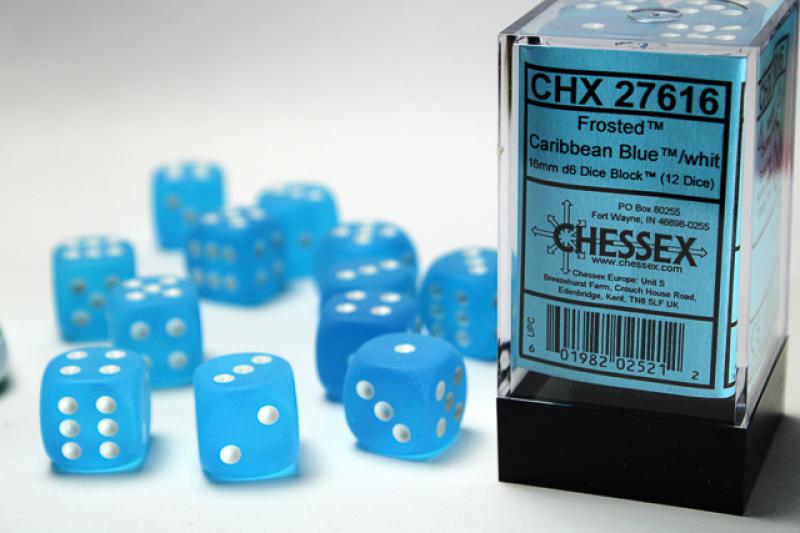 16mm D6 Dice Block (12): Frosted Caribbean Blue/White