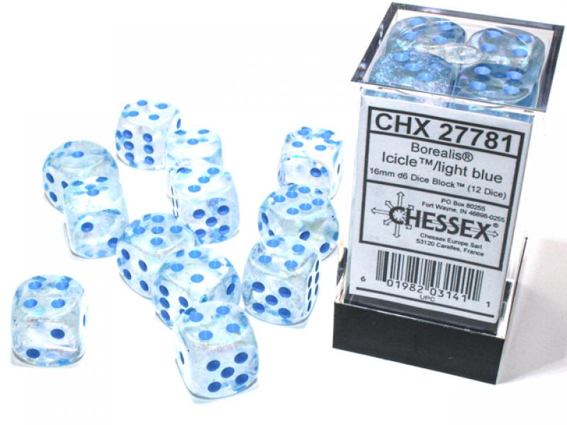 Borealis 16mm d6 Luminary Dice Block: Icicle/light blue (12 Dice)