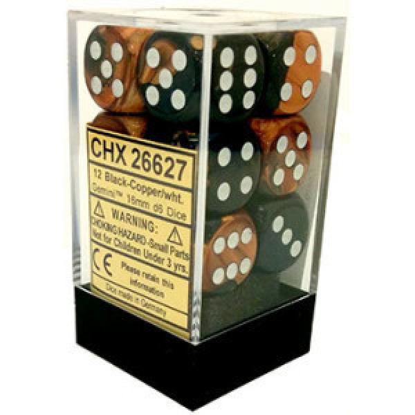 16mm D6 Dice Block (12): Gemini Black-Copper/White