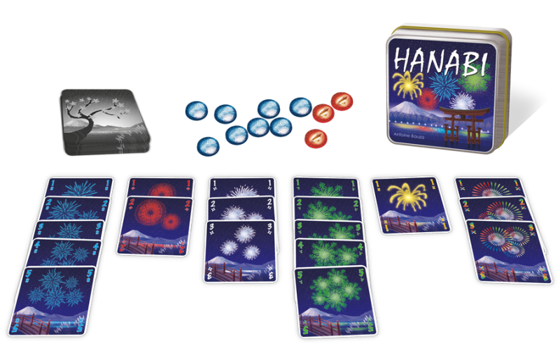 Hanabi board game box and components