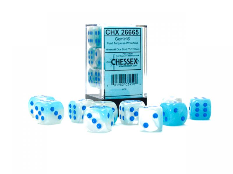 Gemini 16mm d6 Pearl Turquoise-White/blue Luminary Dice Block (12 dice)