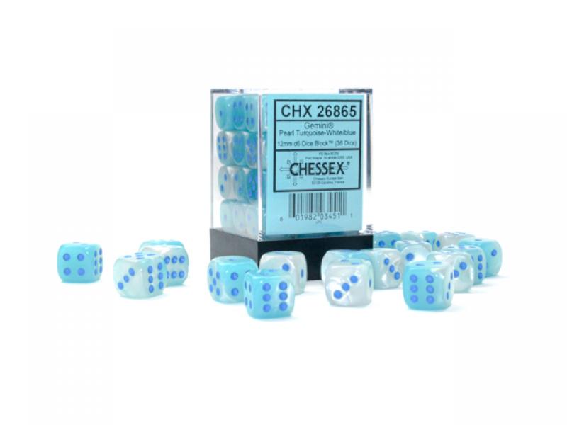 Gemini 12mm d6 Pearl Turquoise-White/blue Luminary Dice Block (36 dice)