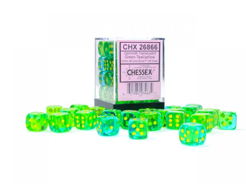 Gemini 12mm d6 Translucent Green-Teal/yellow Dice Block (36 dice)