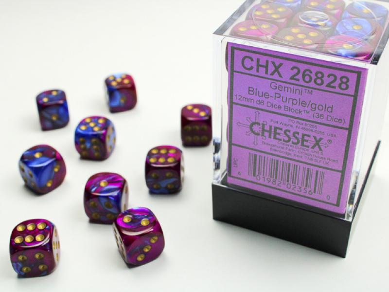 12mm D6 Dice Block (36): Gemini Blue-Purple/Gold