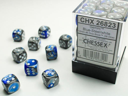 12mm D6 Dice Block (36): Gemini Blue-Steel/White