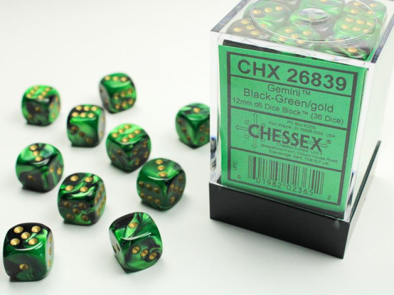 12mm D6 Dice Block (36): Gemini Black-Green/Gold