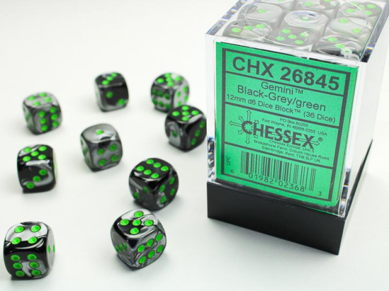 12mm D6 Dice Block (36): Gemini Black-Grey/Green