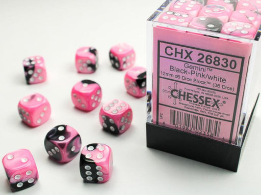 12mm D6 Dice Block (36): Gemini Black-Pink/White