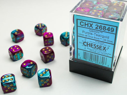 12mm D6 Dice Block (36): Gemini Purple-Teal/Gold