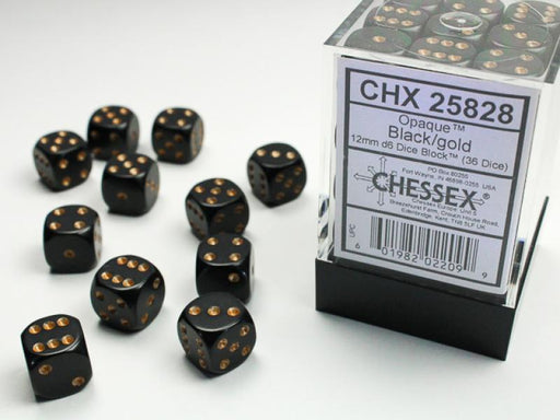 12mm D6 Dice Block (36): Opaque Black/Gold