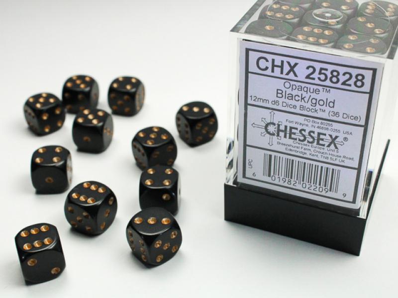 12mm D6 Dice Block (36): Opaque Black/Gold