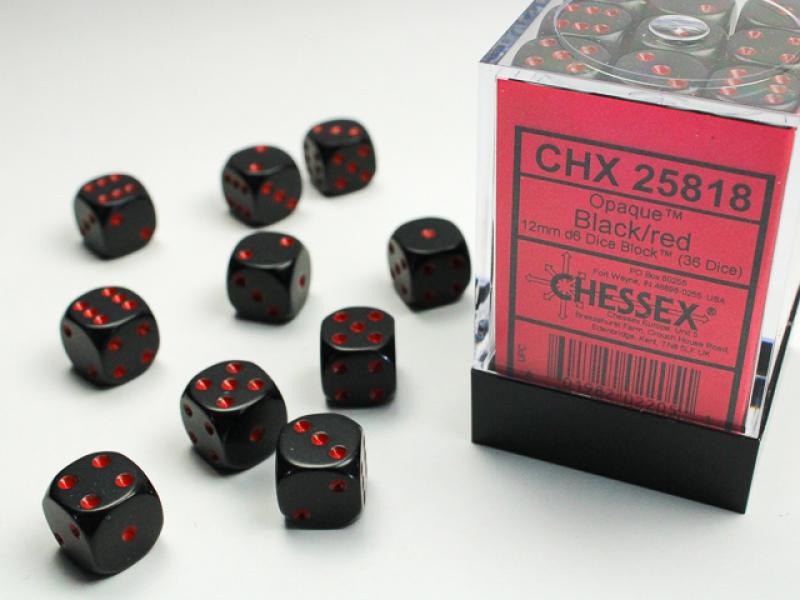 12mm D6 Dice Block (36): Opaque Black/Red