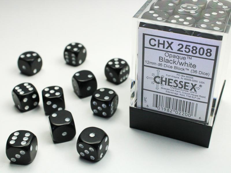 12mm D6 Dice Block (36): Opaque Black/White