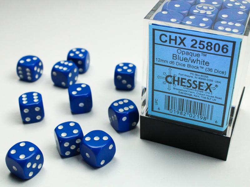 12mm D6 Dice Block (36): Opaque Blue/White