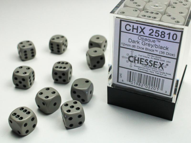 12mm D6 Dice Block (36): Opaque Grey/Black
