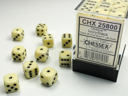 12mm D6 Dice Block (36): Opaque Ivory/Black