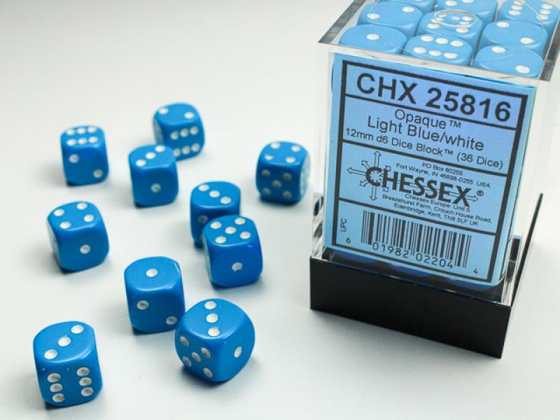 12mm D6 Dice Block (36): Opaque Light Blue/White