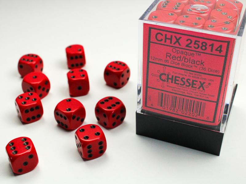12mm D6 Dice Block (36): Opaque Red/Black