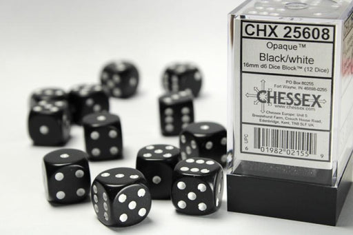 16mm D6 Dice Block (12): Opaque Black/White