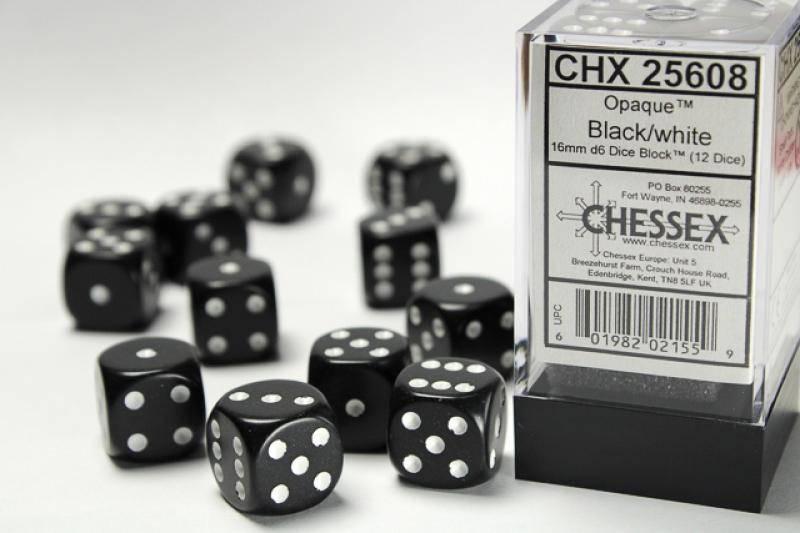 16mm D6 Dice Block (12): Opaque Black/White
