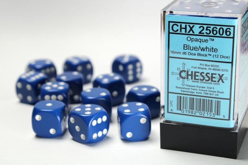 16mm D6 Dice Block (12): Opaque Blue/White