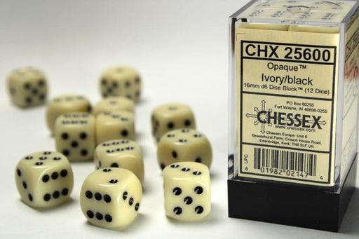 16mm D6 Dice Block (12): Opaque Ivory/Black
