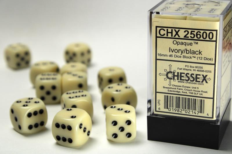 16mm D6 Dice Block (12): Opaque Ivory/Black