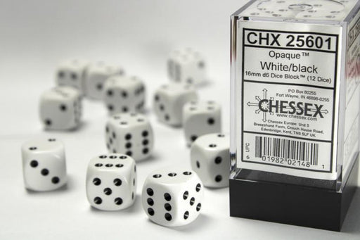 16mm D6 Dice Block (12): Opaque White/Black