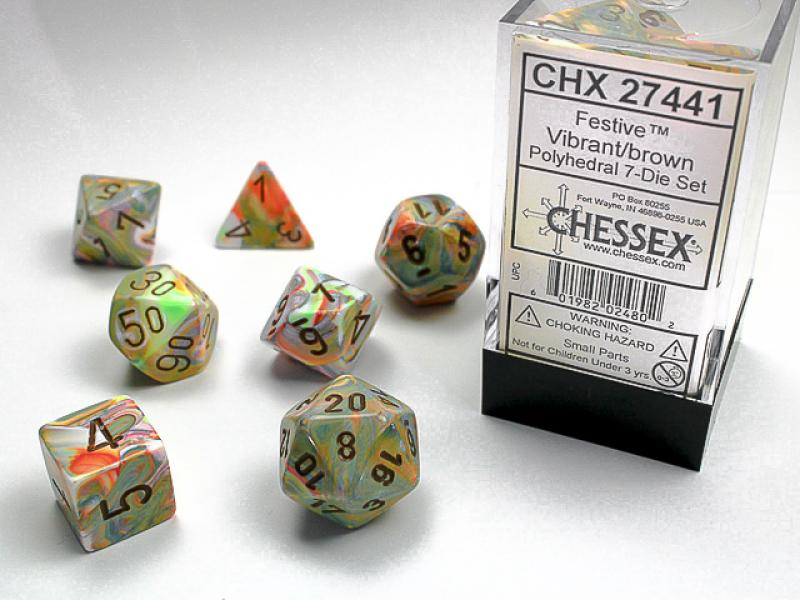 Poly Dice Set (7): Festive Vibrant w/Brown