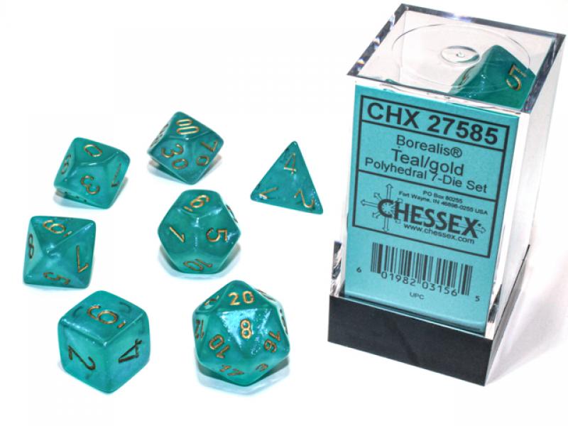 Borealis Polyhedral Teal/gold Luminary 7-Die Set