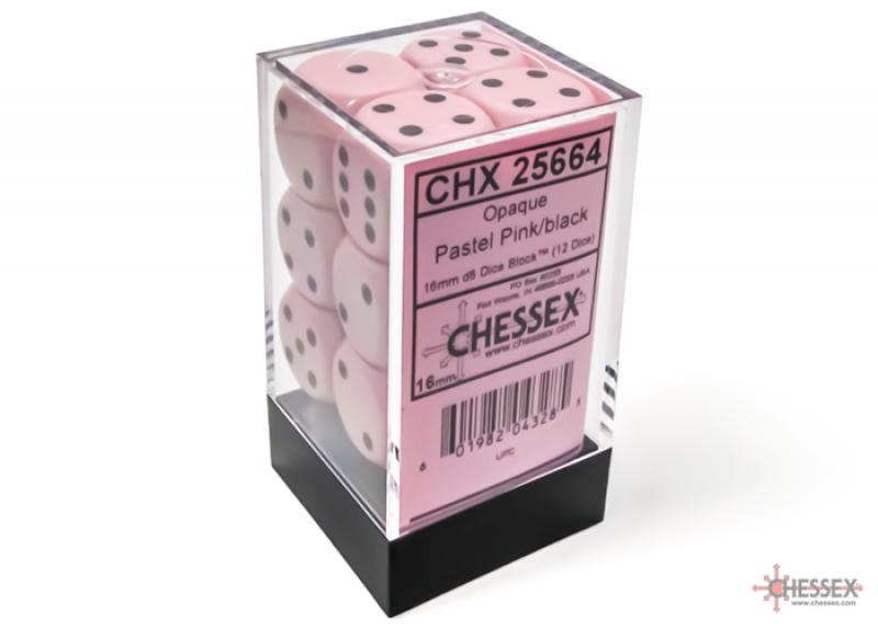 Opaque 16mm d6 Pastel Pink/black Dice Block (12 dice)