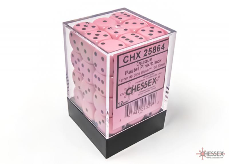 Opaque 12mm d6 Pastel Pink/black Dice Block (36 dice)
