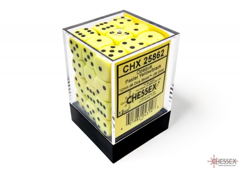 Opaque 12mm d6 Pastel Yellow/black Dice Block (36 dice)
