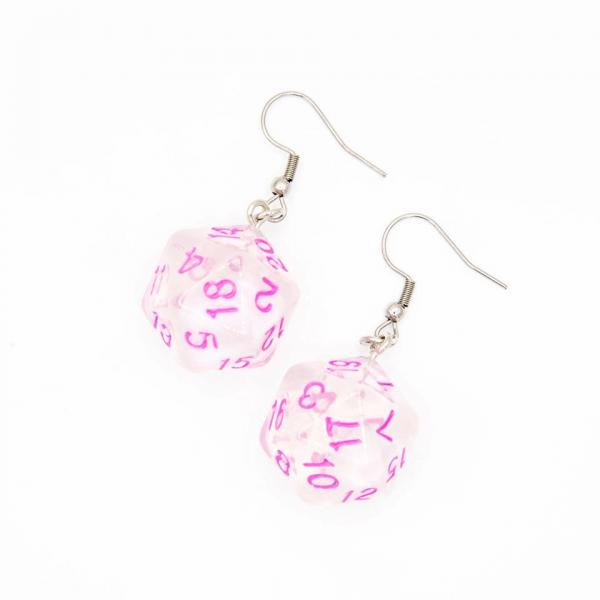 D20 Dice Earrings | Clear with Pink Font | D&D Jewelry