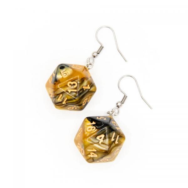 D20 Dice Earrings | Brown & Yellow Swirl | D&D Jewelry