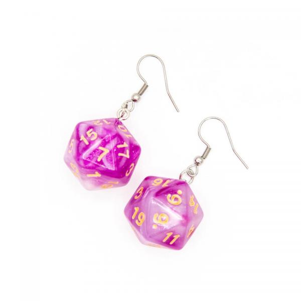 D20 Dice Earrings | Pink & White Swirl | D&D Jewelry