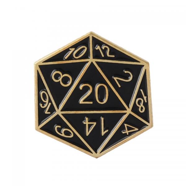 D20 Pin Badge | Black & Gold | D&D RPG Accessory