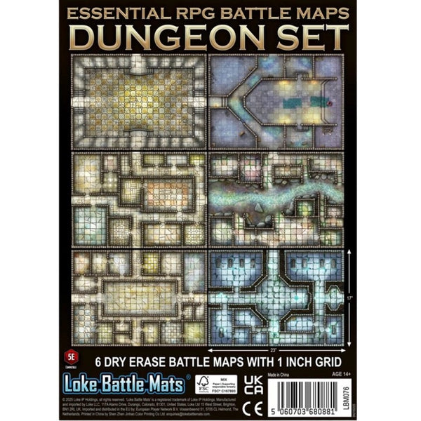 Dungeon Set. 6 Wet/Dry Erase Battle Maps with 1 inch grid: Essential RPG Battle Maps [Pre-order]
