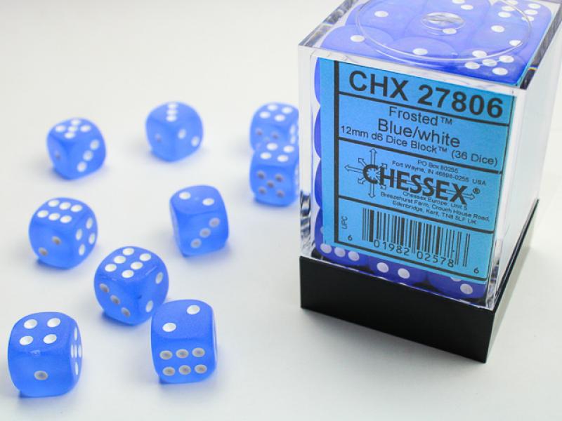 12mm D6 Dice Block (36): Frosted Blue/White