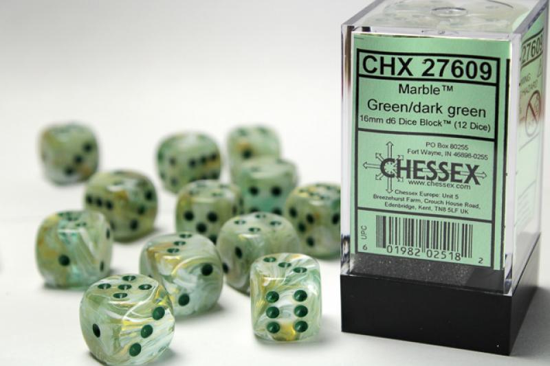 16mm D6 Dice Block (12): Marble Green/Dark Green