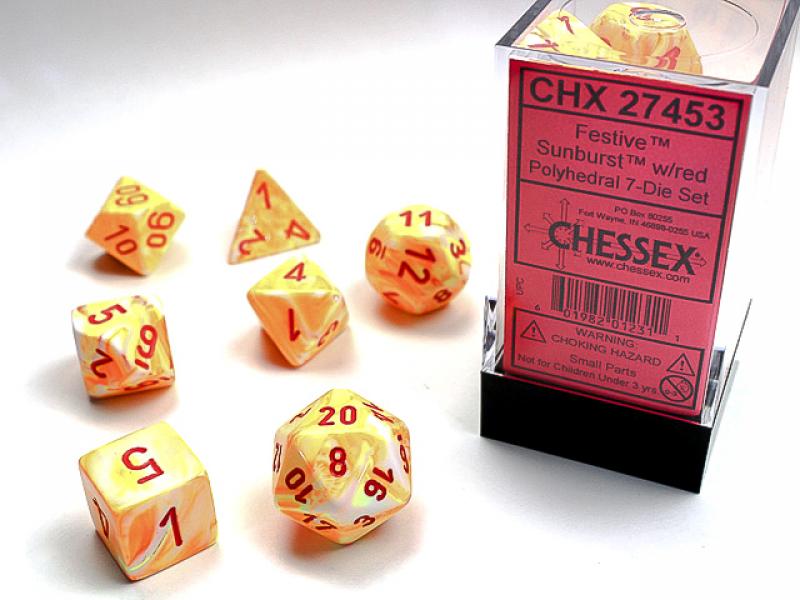 Poly Dice Set (7): Festive Sunburst /red