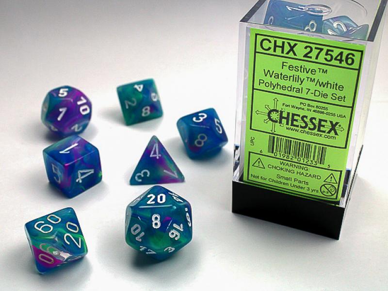 Poly Dice Set (7): Festive Waterlily/white