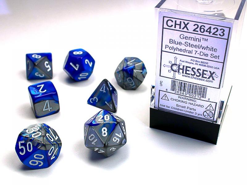 Poly Dice Set (7): Gemini Blue-Steel/White