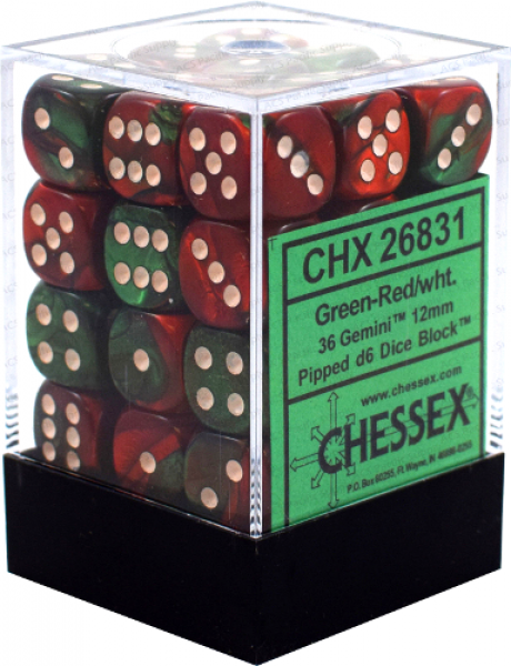12mm D6 Dice Block (36): Gemini Green-Red/White