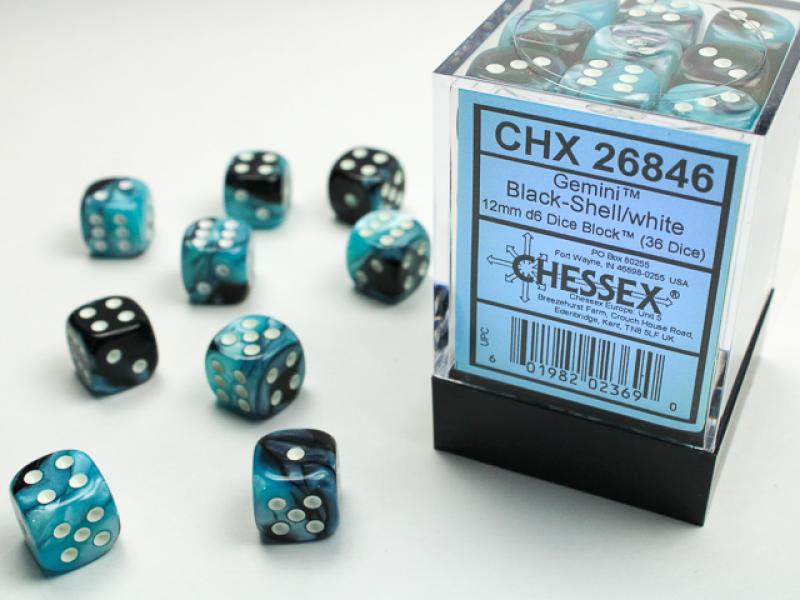 12mm D6 Dice Block (36): Gemini Black-Shell/White