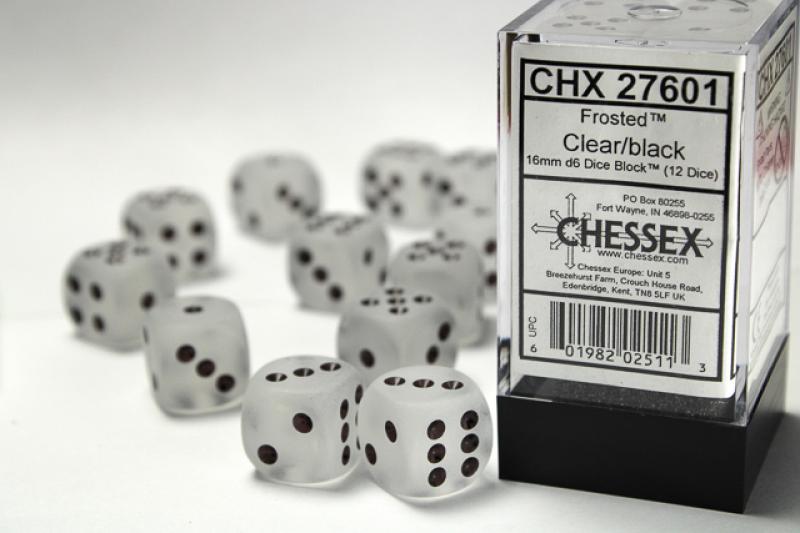 16mm D6 Dice Block (12): Frosted Clear/Black