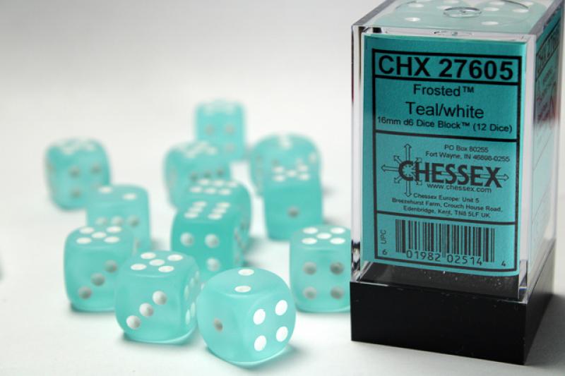 16mm D6 Dice Block (12): Frosted Teal/White