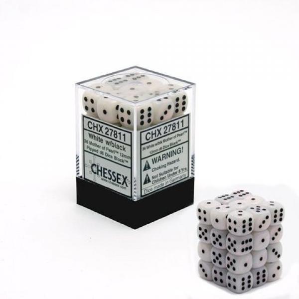 16mm D6 Dice Block (12): Mother of Pearl White/Black