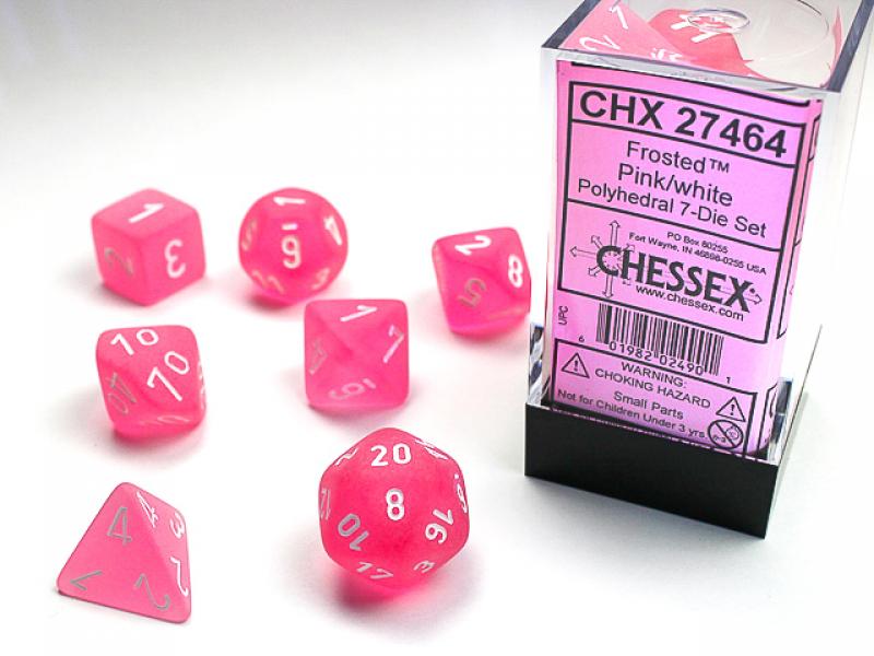 Poly Dice Set (7): Frosted Pink/White